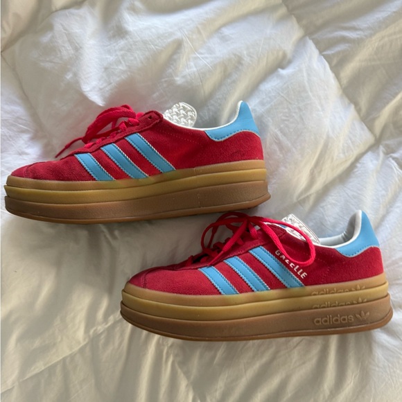 adidas Gazelle Platform Sneakers - Red with Light Blue Accents - Picture 2 of 3